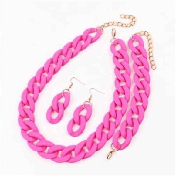 Pink 3PCS/set Acrylic Retro Chunky Necklace Bracelet and Stud Earring - Picture 2 of 2
